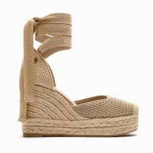 ZARA Tan Beige Tied Crochet Wedge Ankle Wrap Espadrille sandal - size 8